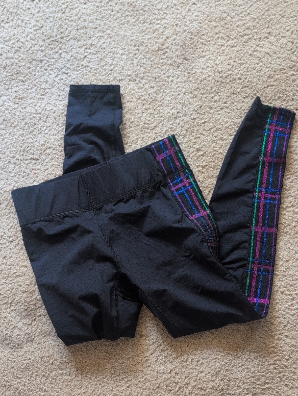 Terez Black Leggings with Purple & Teal Plaid Side Stripes
